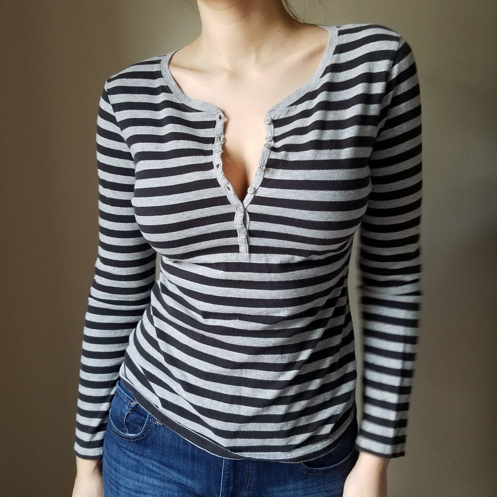 Grey & Black Striped Long Sleeve w/ Button Detail